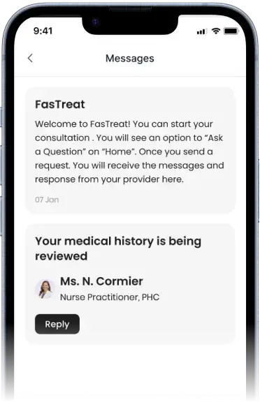 FasTreat app screen for step 2: clinician review of your information