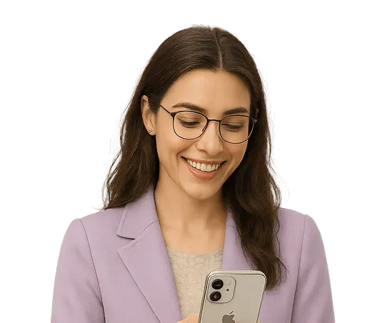 A woman in glasses and a blazer holds an iPhone, looking confidently at the camera.