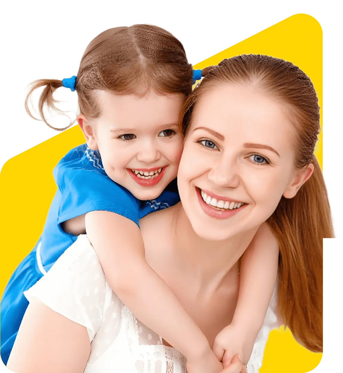 A woman and a child embrace each other, both smiling warmly at the camera.