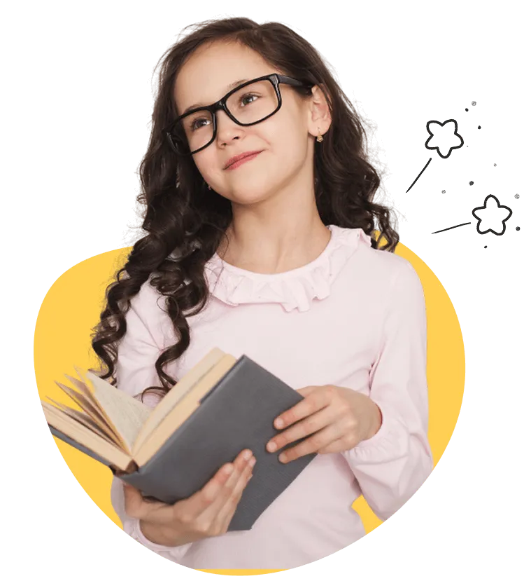 A girl wearing glasses is holding a book, looking engaged and thoughtful.