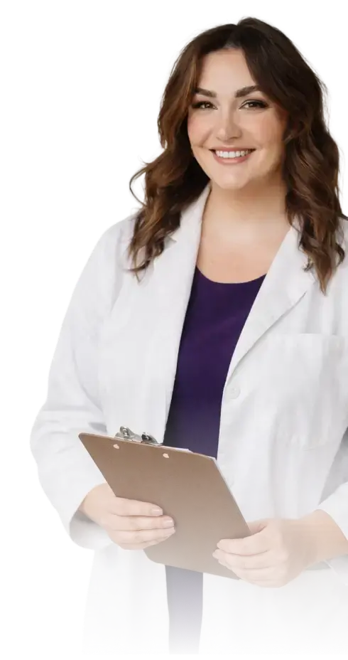 Smiling clinician in white coat